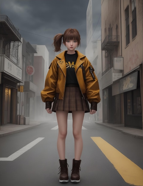 Dystopian Girl with brown short hair wear yellow jacket at urban street 32