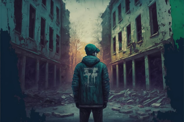 A dystopian scene showing a futuristic man stands in the ruined city digital art style illustration painting fantasy concept of a futuristic man in the ruined city