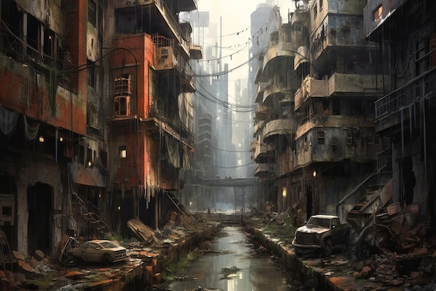 Dystopische apocalyps Donkere gebouwen en apocalyptische landschappen Generatieve AI