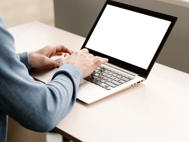 E-commerce advertisement. Laptop computer with white screen. Modern technology