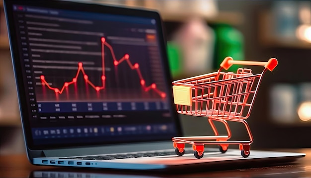 Foto e-commerce analytics shopping cart metrics op laptoptoetsenbord generatieve ai