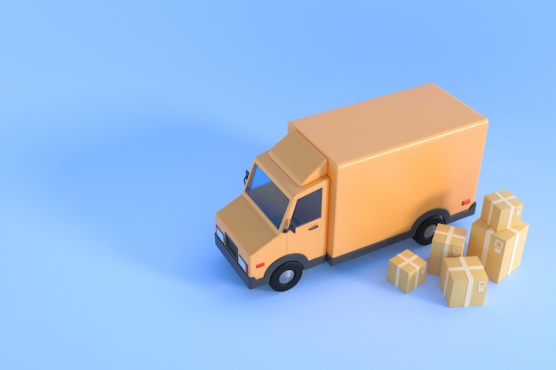 E-commerce concept, bezorgservice op mobiele applicatie, transport levering per vrachtwagen, 3d ziek