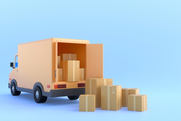 E-commerce concept, bezorgservice op mobiele applicatie, transport levering per vrachtwagen, 3d ziek