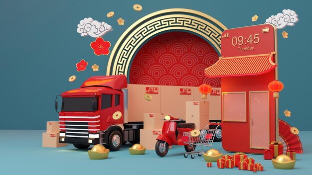 중국 새해에 전자 상거래 개념, 온라인 쇼핑 및 모바일 응용 프로그램 배달 서비스., 3d 렌더링. "복"에 대한 서예, 행운이 시작됩니다