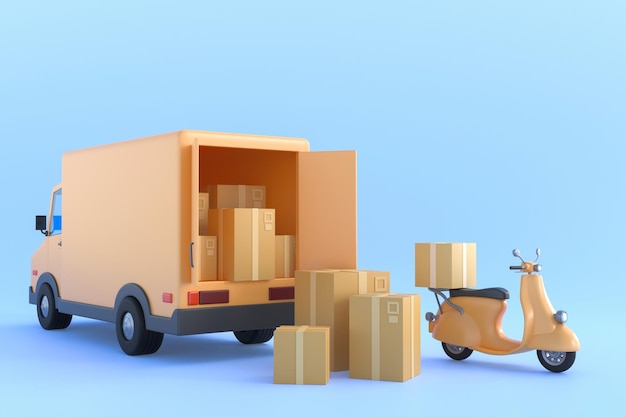 Concetto di e-commerce, servizio di consegna su applicazione mobile, consegna del trasporto su camion, 3d ill