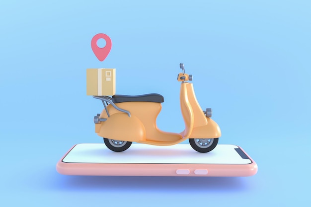 E-commerce concept, delivery service on mobile application,\
transportation delivery by truck, 3d ill