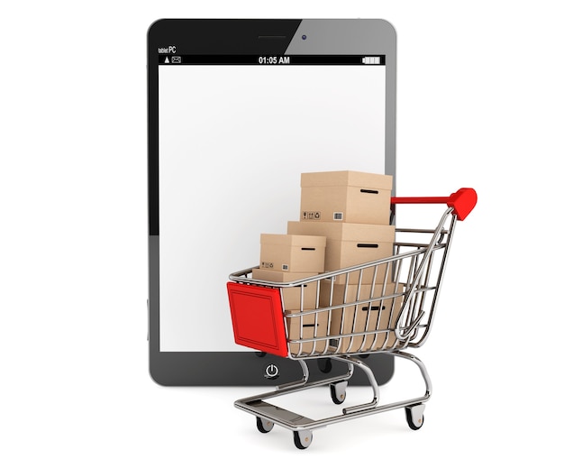E-commerce Concept. Shopping Cart with Boxes near Tablet PC on a white background