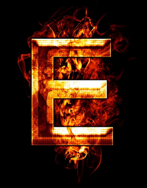 e, illustration of  letter with chrome effects and red fire on black background