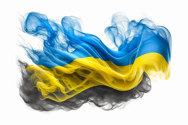 e kleuren van een natie De vlag van Oekraïne zweeft tussen de rook en de golven