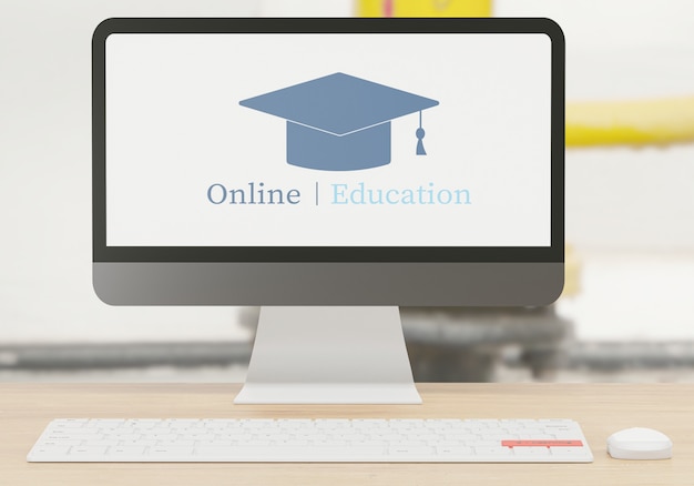 e - learning concept, computer on wooden table, online school with 3d rendering