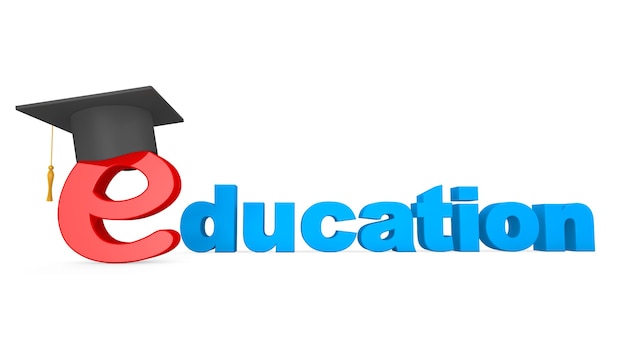 E-learning Concept. Graduation Hat over E Letter on a white background