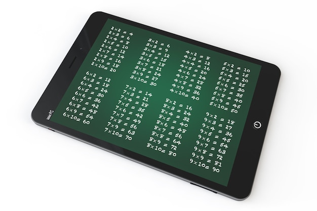 E-learning Concept. Tablet PC with multiplication table on a white background