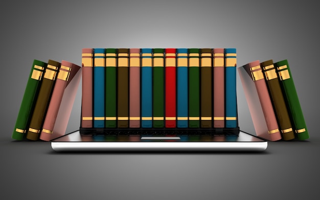Интернет-библиотека электронного обучения образования или книжный магазин и концепция ноутбука. 3d иллюстрация