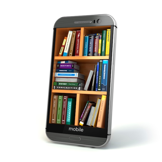 Educazione e-learning o concetto di biblioteca su internet. smartphone e libri. 3d