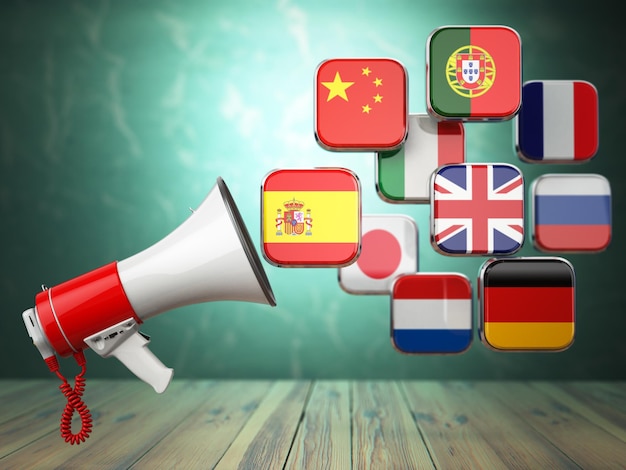 E-learning of online vertaler concept Online talen leren Megafoon en vlaggen