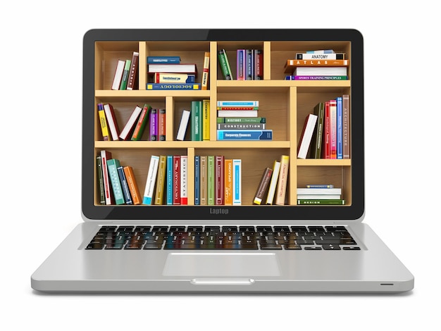 E-learning onderwijs of internetbibliotheek. Laptop en boeken.