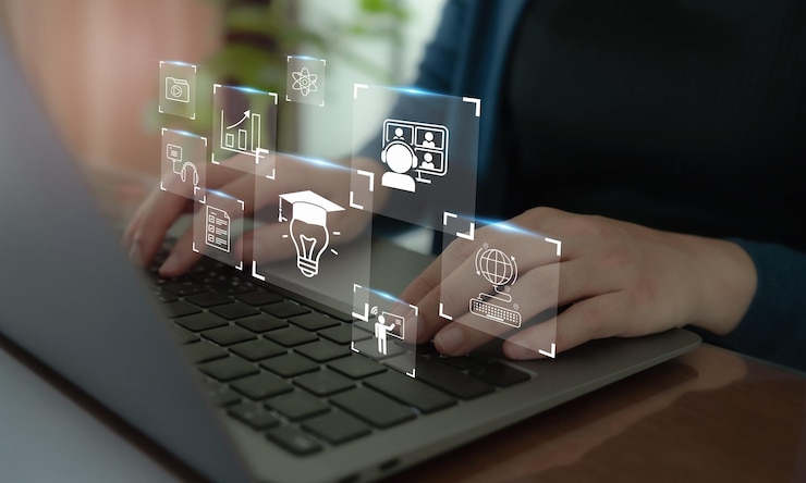 Photo e learning technology concept online education webinar online coursesai and machine learning enhance personalised learning digital training to employee compliance customer partner