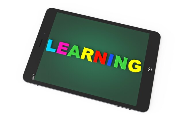 E-learningconcept. Tablet-pc met leren teken op een witte achtergrond