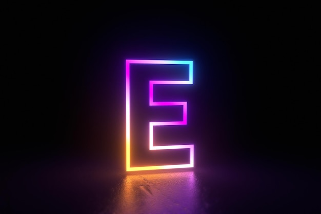 Foto e letter karakter neon geïsoleerde reflectie illustratie 3d render. 3d illustratie