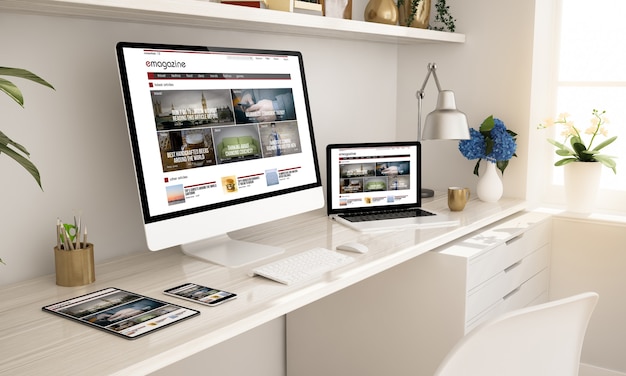 E-magazine website on responsive devices home office setup 3d rendering