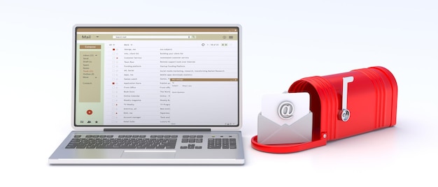 E-mail inbox Rode retro mailbox open en een laptop geïsoleerd op witte 3d illustratie