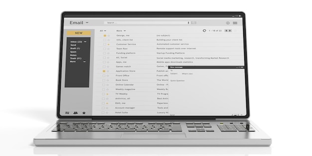 Foto e-mails op een laptop scherm geïsoleerd op witte achtergrond 3d illustratie