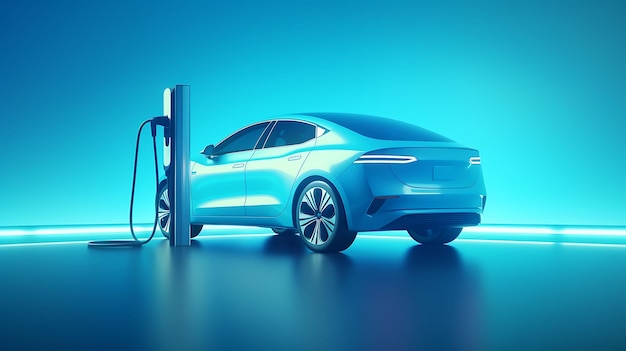 Photo e mobility electric car charging battery on blue background