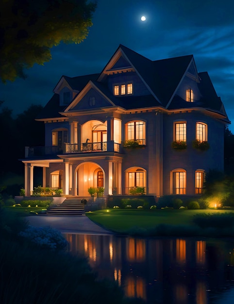 e photo colonial style house in night scene