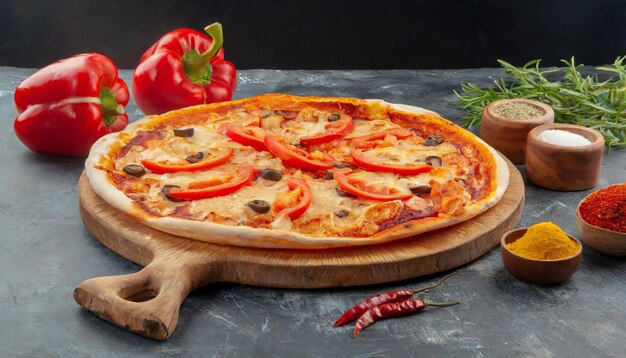 e photo side view pizza with slices of bell pepper and pizza slices generated by AI