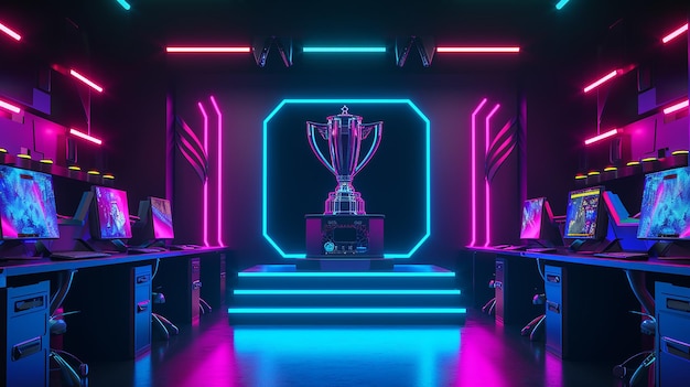 E-sports winnaar trofee op het podium