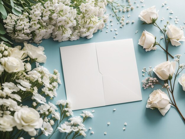 Photo e wedding mockup with white paper list and flowers