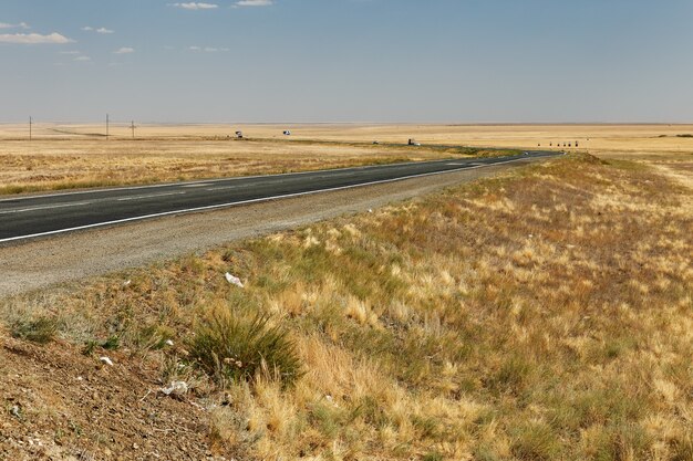 E38 snelweg in Kazachstan. asfaltweg over de steppe.