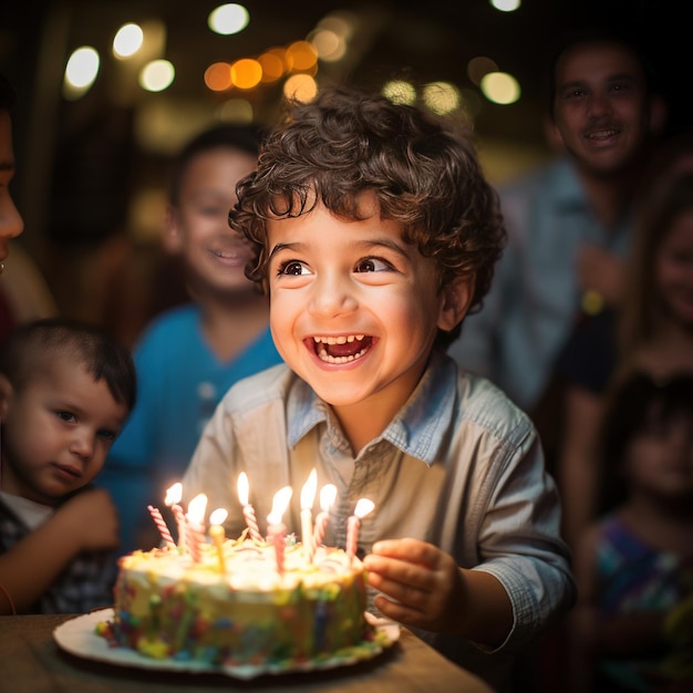 가족의 환호에 둘러싸여 기뻐하는 생일 순간을 보내고 있는 브라질의 열성적인 3세 아이