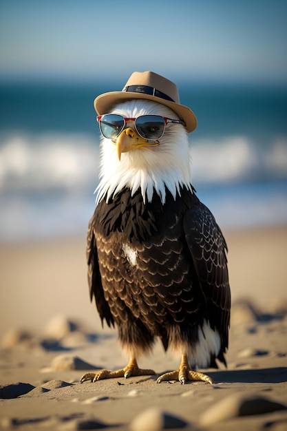 An eagle at the beach wearing glasses