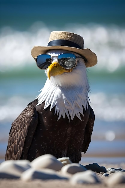 An eagle at the beach wearing glasses