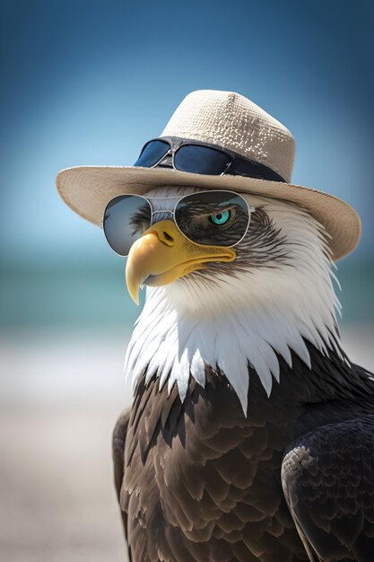 An eagle at the beach wearing glasses