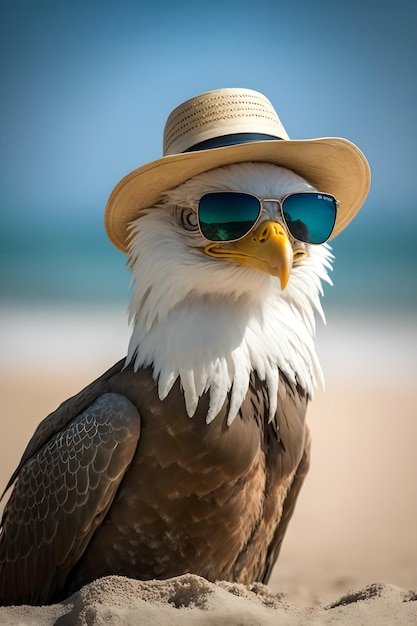 An eagle at the beach wearing glasses