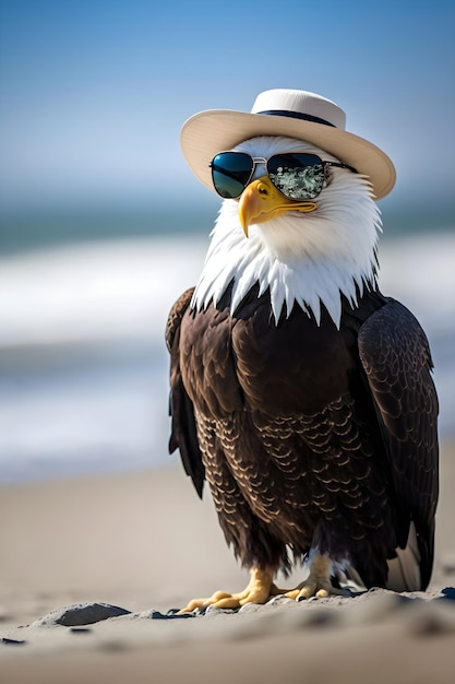 An eagle at the beach wearing glasses