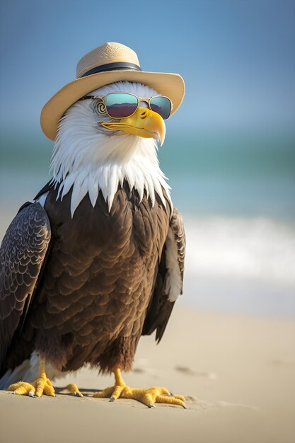 An eagle at the beach wearing glasses