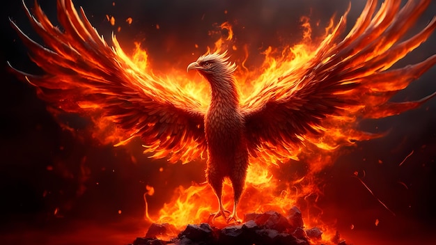 Eagle in the fire 3D illustration Fire background Generative AI