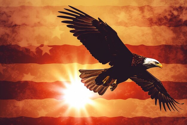 An eagle flies over a flag with the words freedom