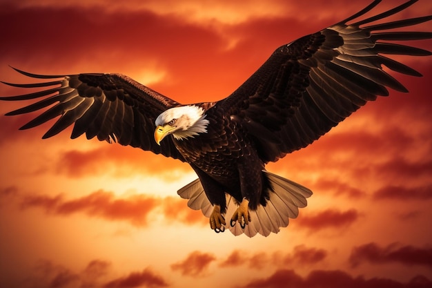 An eagle flies in the sky with the sun behind it