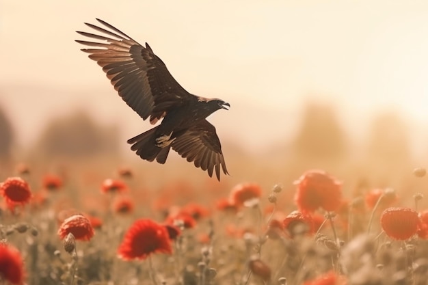 붉은 양귀비 꽃밭 사이로 독수리가 날아간다