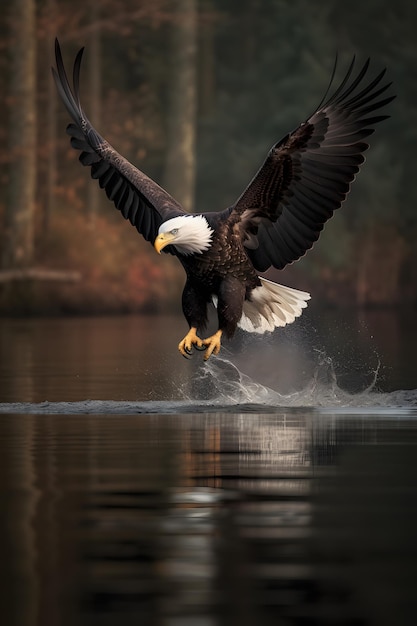 An eagle flies over the water with the sun shining on its wings.