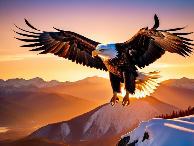 Photo an eagle in flight over a mountain landscape sunset