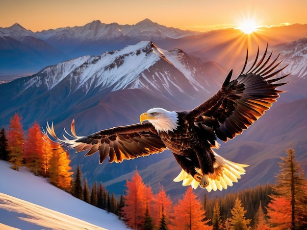 Photo an eagle in flight over a mountain landscape sunset