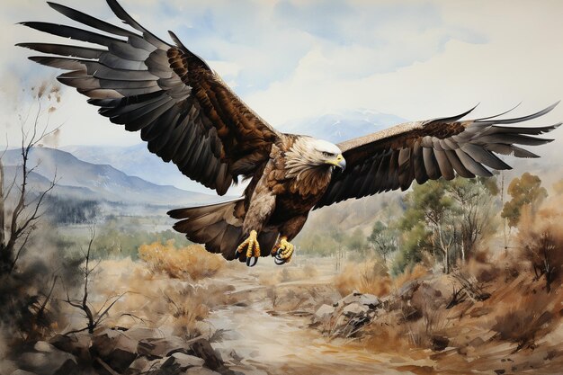 Eagle flying in the air in the mountains Watercolor style ilustration