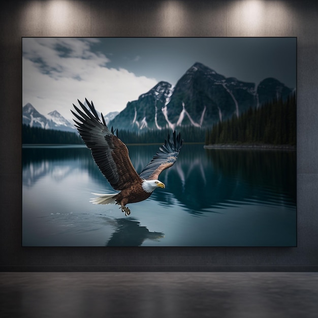 Eagle flying over calm lake nature background image Ai generated art