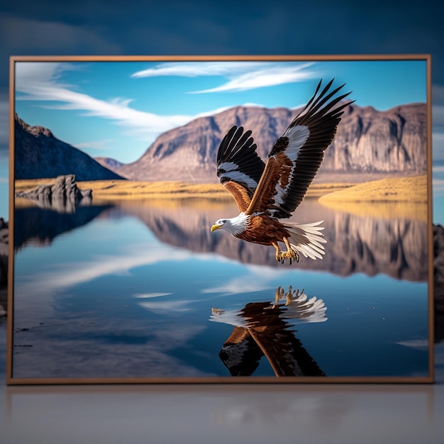 Eagle flying over calm lake nature background image Ai generated art