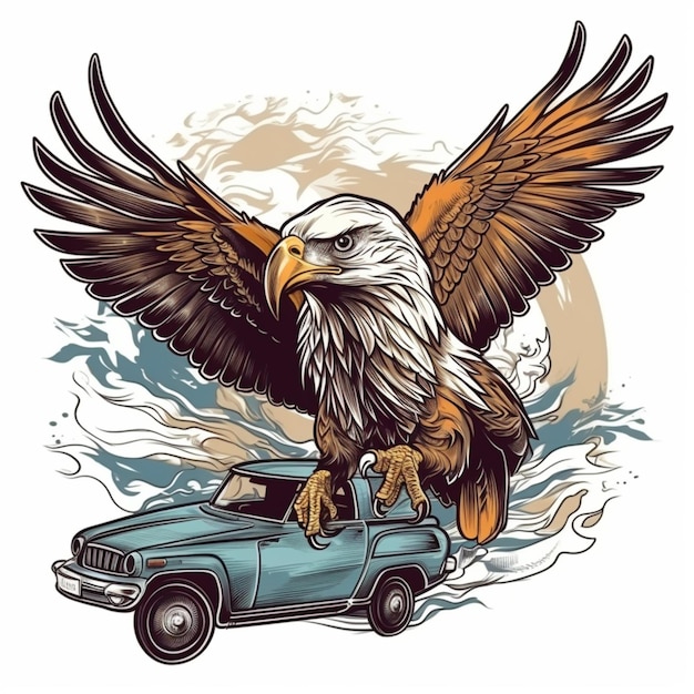 Eagle flying over a car illustration